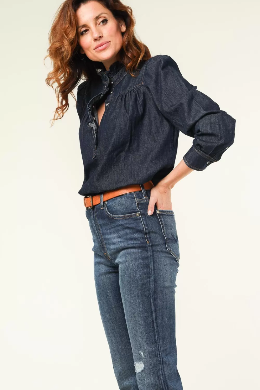 Bloezen & Tops<ba&sh Denim Top Met Ruches Milac | Blauw